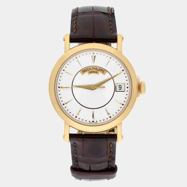 Pre Owned Patek Philippe Calatrava 5153j-001 Automatic White 18k Yellow Gold Men's Wristwatch 38 mm