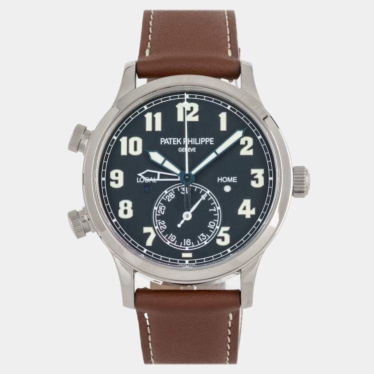 Pre Owned Pre-Owned Patek Philippe Complications Calatrava Pilot Travel Time 5524G-001 Blue Automatic 18k White Gold Men's Wristwatch 42 MM