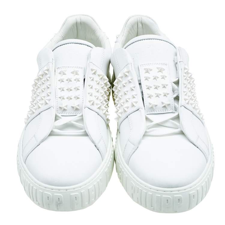Pre Owned Philipp Plein White Leather Stars Embellished Low Top Sneakers Size 42.5