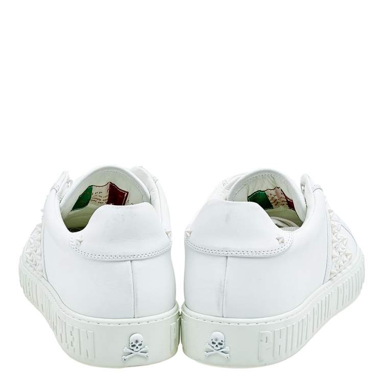 Pre Owned Philipp Plein White Leather Stars Embellished Low Top Sneakers Size 42.5
