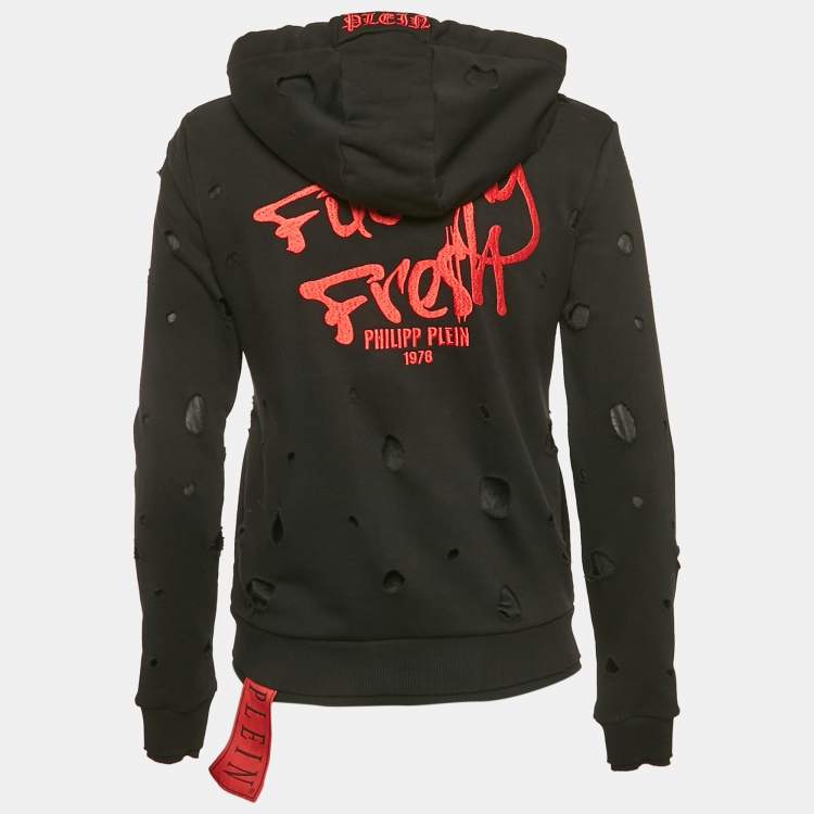 Pre Owned Phillipp Plein Fucking Fresh Black Distressed Front Zip Hoodie XS