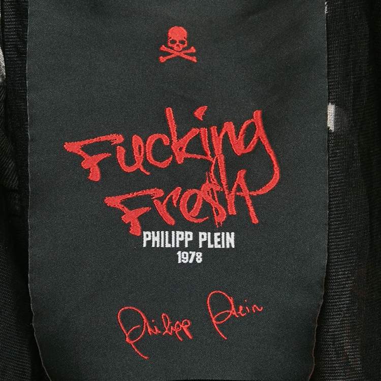 Pre Owned Phillipp Plein Fucking Fresh Black Distressed Front Zip Hoodie XS