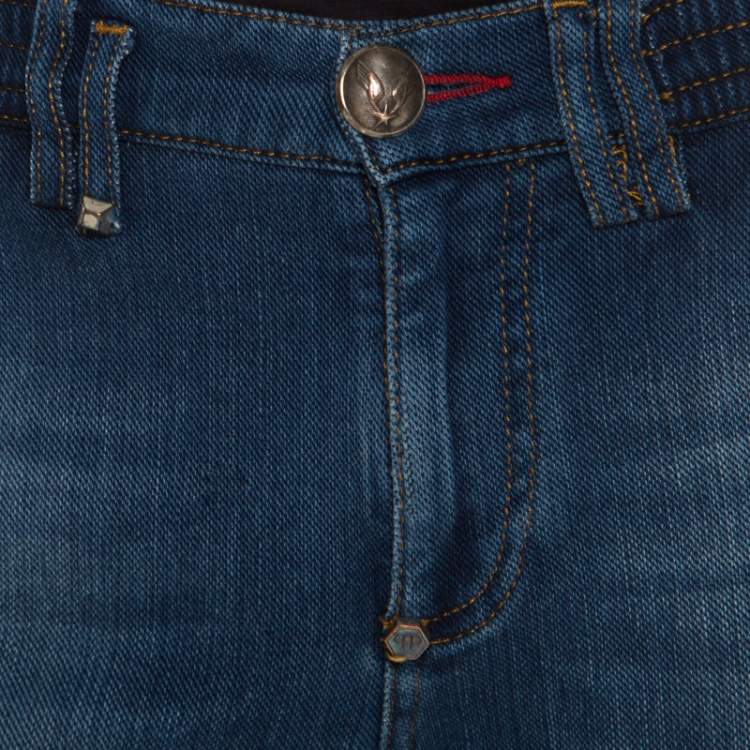Pre Owned Philipp Plein Indigo Faded Effect Denim Jogger Style Jeans S