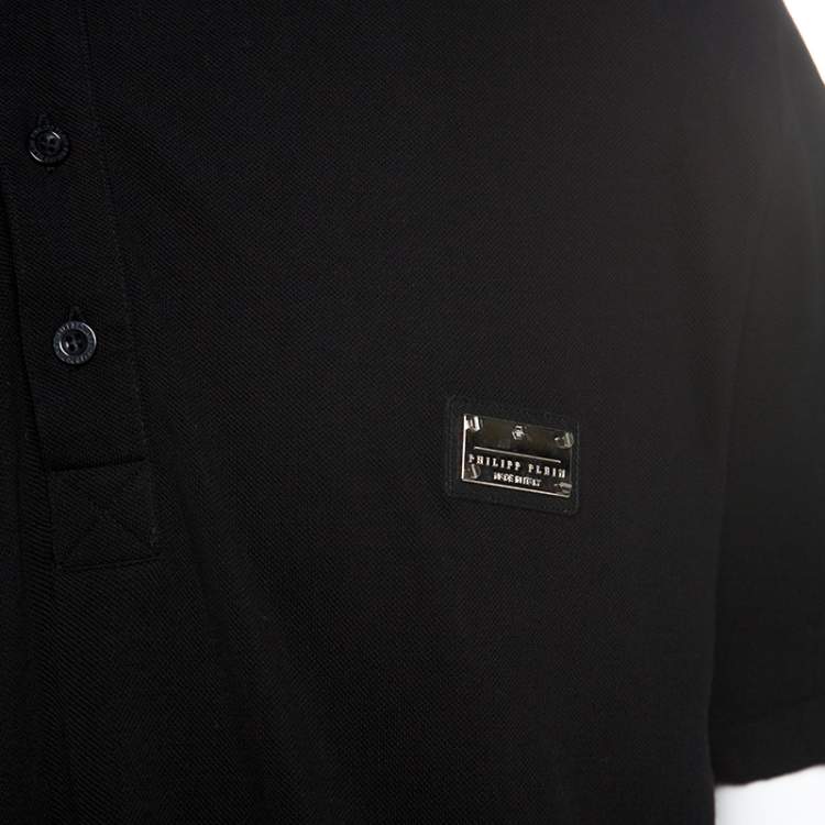 Pre Owned Philipp Plein Black Cotton Printed Crystal Detail Polo T-Shirt 3XL