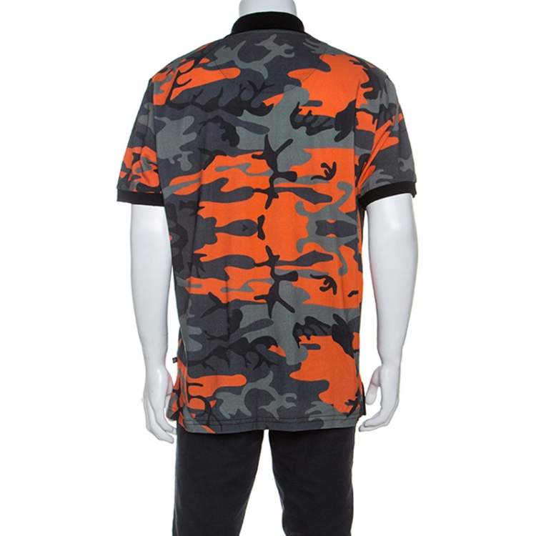 مملوكة مسبقًا Philipp Plein Orange Camouflage Print Cotton Volantine Polo T-Shirt 3XL