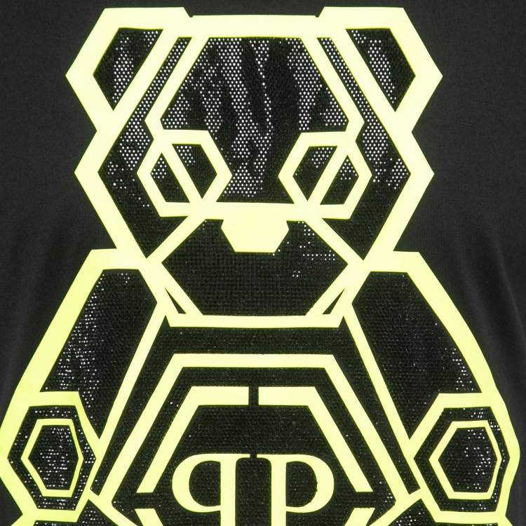 Pre Owned Philipp Plein Homme Black/Neon Green Embellished Print Cotton Crew Neck T-Shirt XL