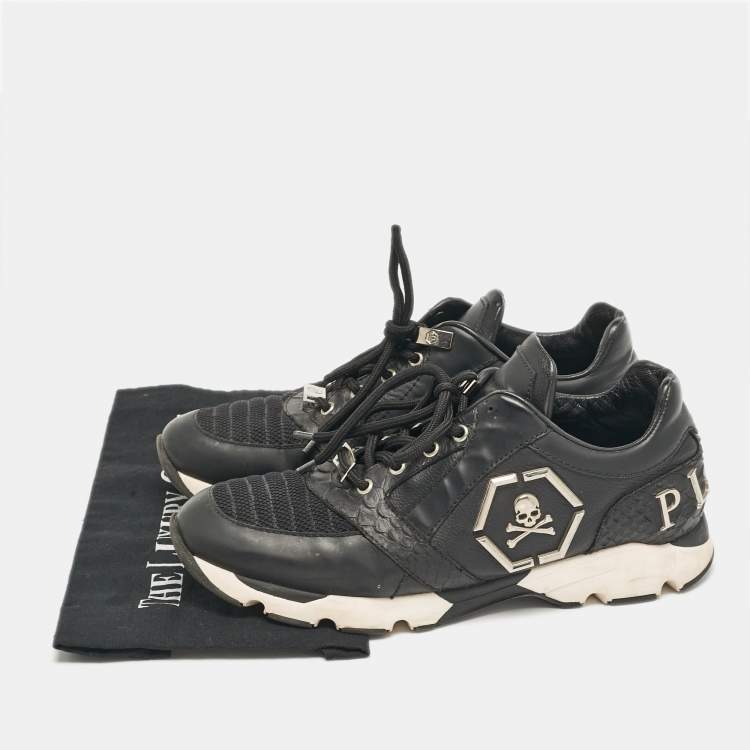 Pre Owned Philipp Plein Black Leather and Python Embossed Lace Up Sneakers Size 43