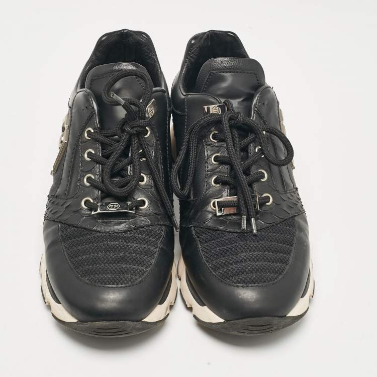 Pre Owned Philipp Plein Black Leather and Python Embossed Lace Up Sneakers Size 43