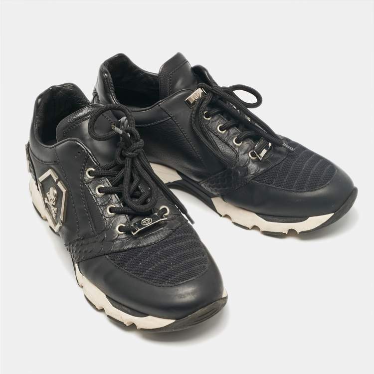 Pre Owned Philipp Plein Black Leather and Python Embossed Lace Up Sneakers Size 43
