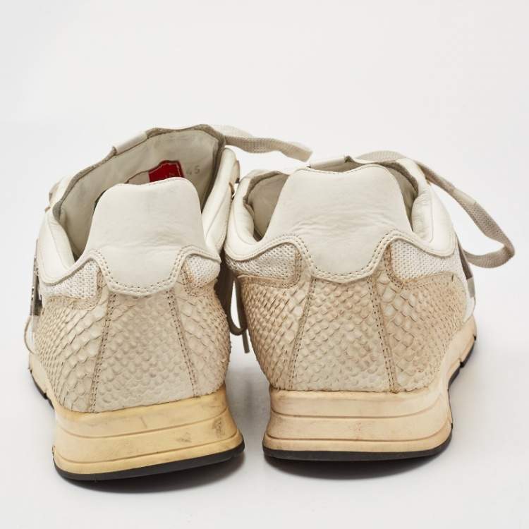 Pre Owned Philipp Plein Cream Python Embossed and Leather Lace Up Sneakers Size 45