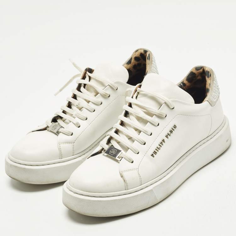Pre Owned Philipp Plein Trainer Size 40 White Leather and Suede Crystal Embellished Lace Up Sneakers