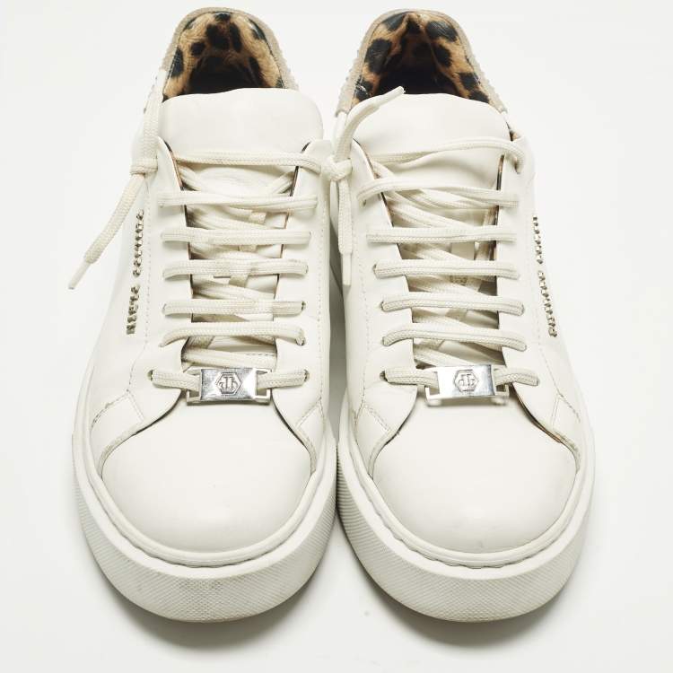 Pre Owned Philipp Plein Trainer Size 40 White Leather and Suede Crystal Embellished Lace Up Sneakers