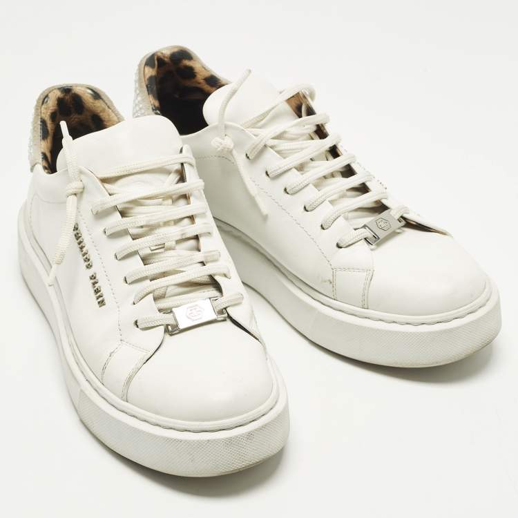 Pre Owned Philipp Plein Trainer Size 40 White Leather and Suede Crystal Embellished Lace Up Sneakers