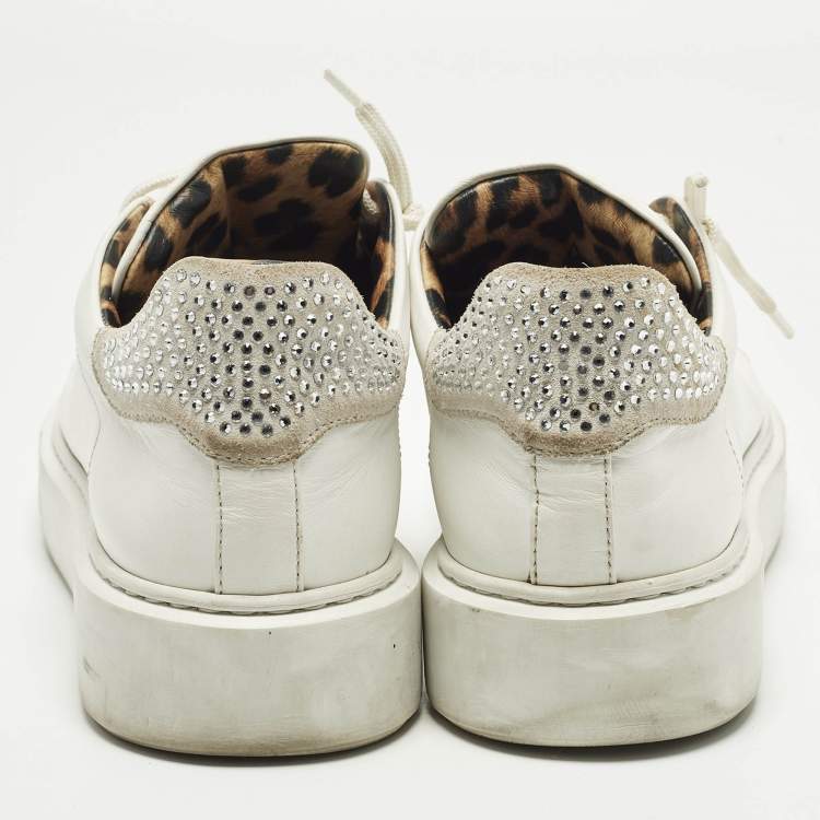 Pre Owned Philipp Plein Trainer Size 40 White Leather and Suede Crystal Embellished Lace Up Sneakers