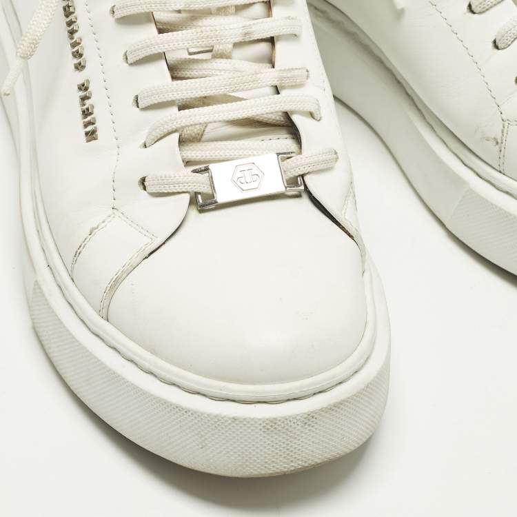 Pre Owned Philipp Plein Trainer Size 40 White Leather and Suede Crystal Embellished Lace Up Sneakers