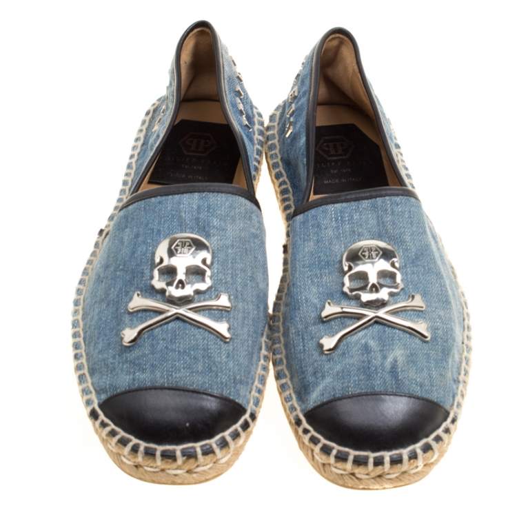 Pre Owned Philipp Plein Blue/Black Denim and Leather New York Espadrilles Size 40