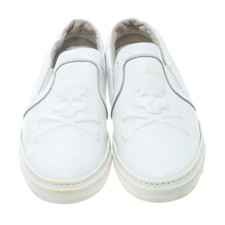 Pre Owned Philipp Plein White Leather Slip On Sneakers Size 44