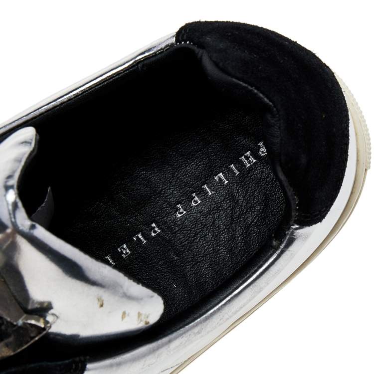Pre Owned Philipp Plein Silver /Black Leather And Suede Low Top Sneakers Size 41