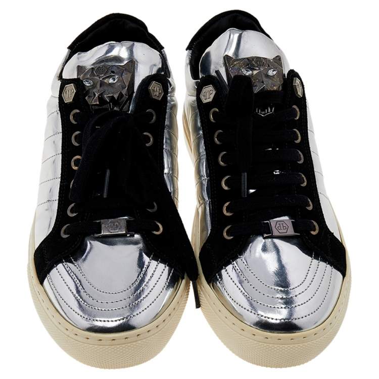 Pre Owned Philipp Plein Silver /Black Leather And Suede Low Top Sneakers Size 41