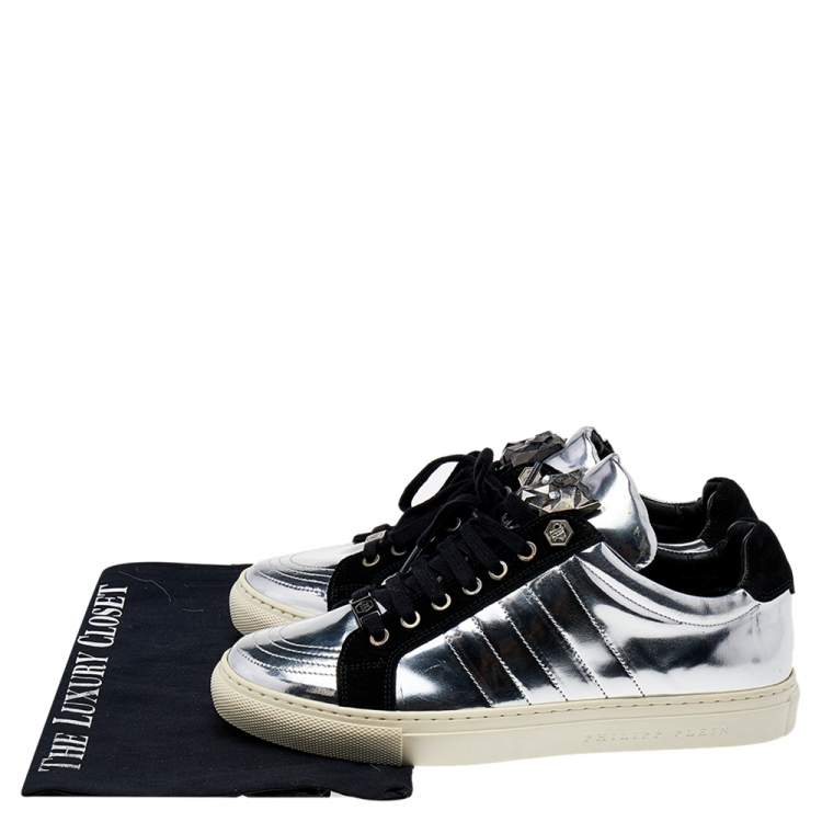 Pre Owned Philipp Plein Silver /Black Leather And Suede Low Top Sneakers Size 41