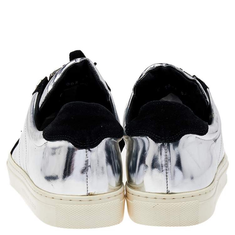 Pre Owned Philipp Plein Silver /Black Leather And Suede Low Top Sneakers Size 41