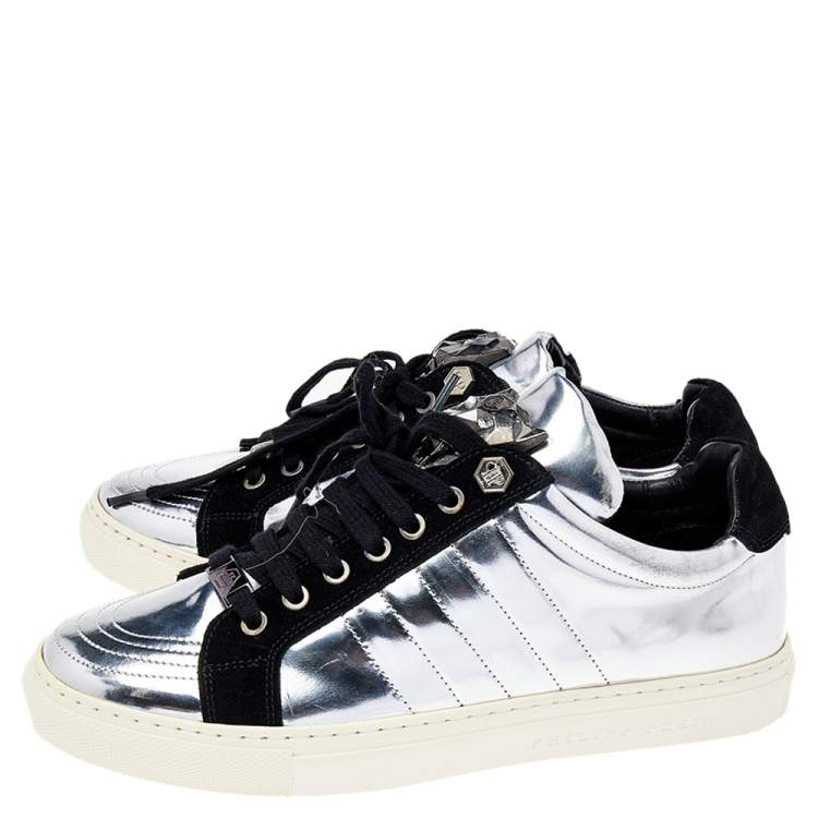Pre Owned Philipp Plein Silver /Black Leather And Suede Low Top Sneakers Size 41