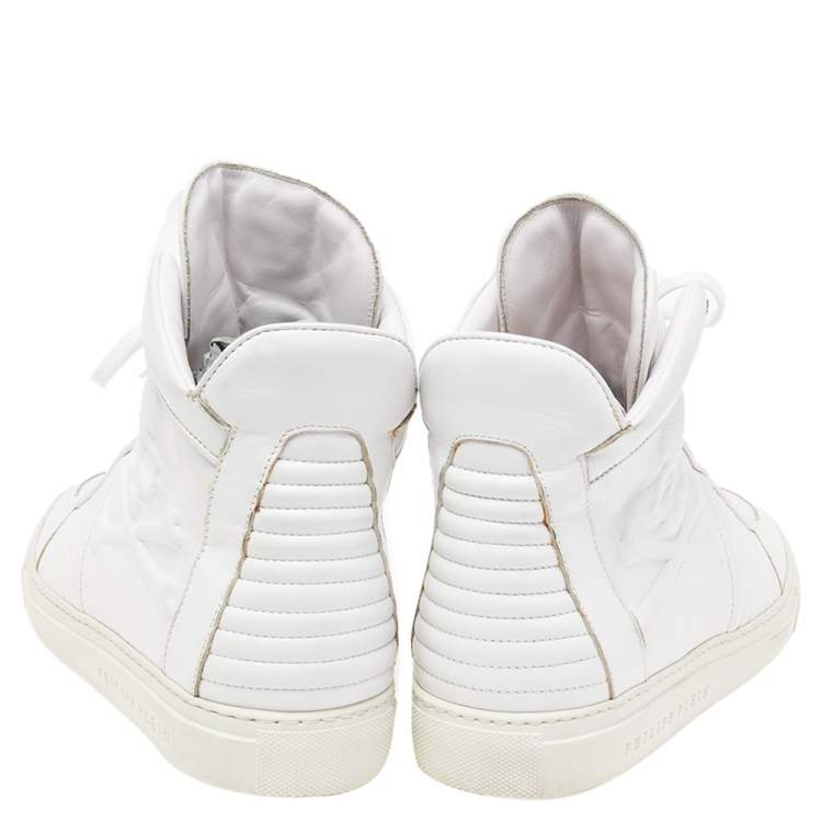 Pre Owned Philipp Plein White Leather Embossed Skull High-Top Sneakers Size 42