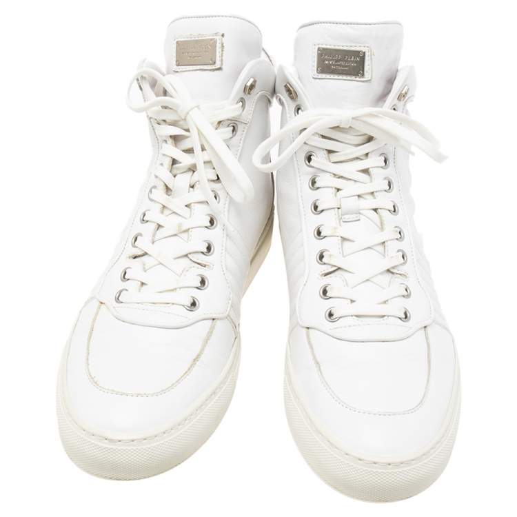 Pre Owned Philipp Plein White Leather Embossed Skull High-Top Sneakers Size 42
