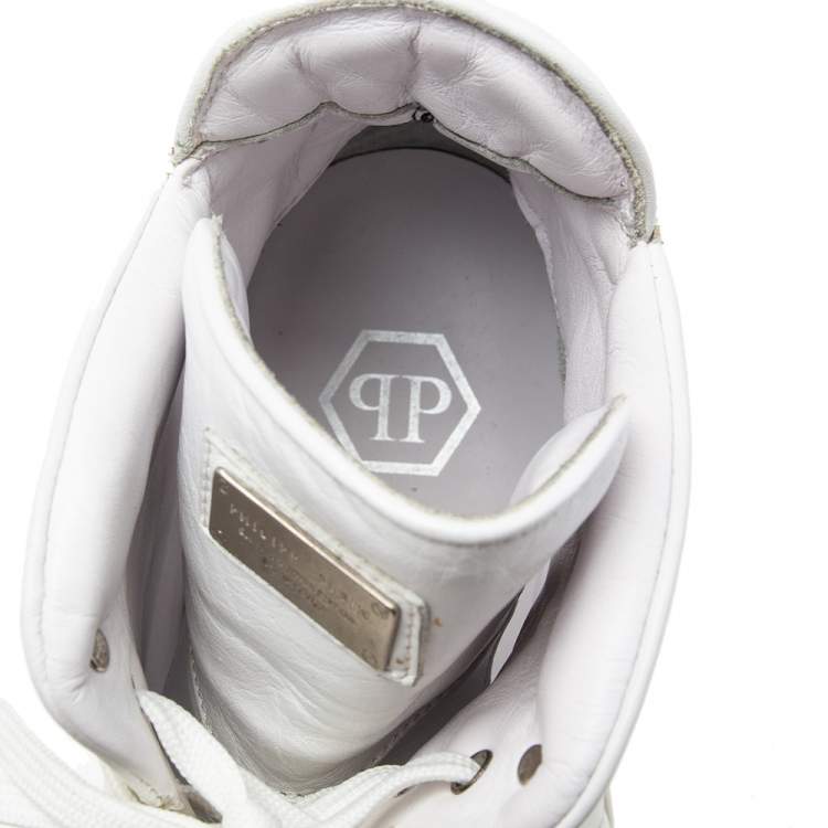 Pre Owned Philipp Plein White Leather Embossed Skull High-Top Sneakers Size 42