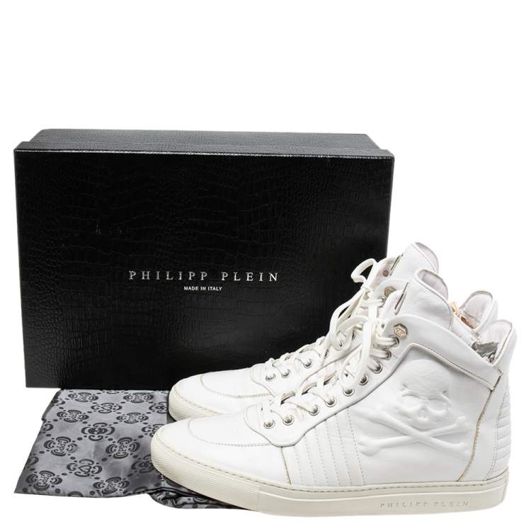 Pre Owned Philipp Plein White Leather Embossed Skull High-Top Sneakers Size 42