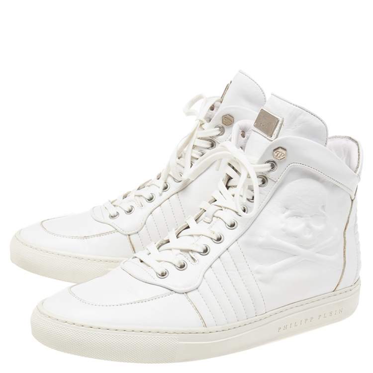 Pre Owned Philipp Plein White Leather Embossed Skull High-Top Sneakers Size 42