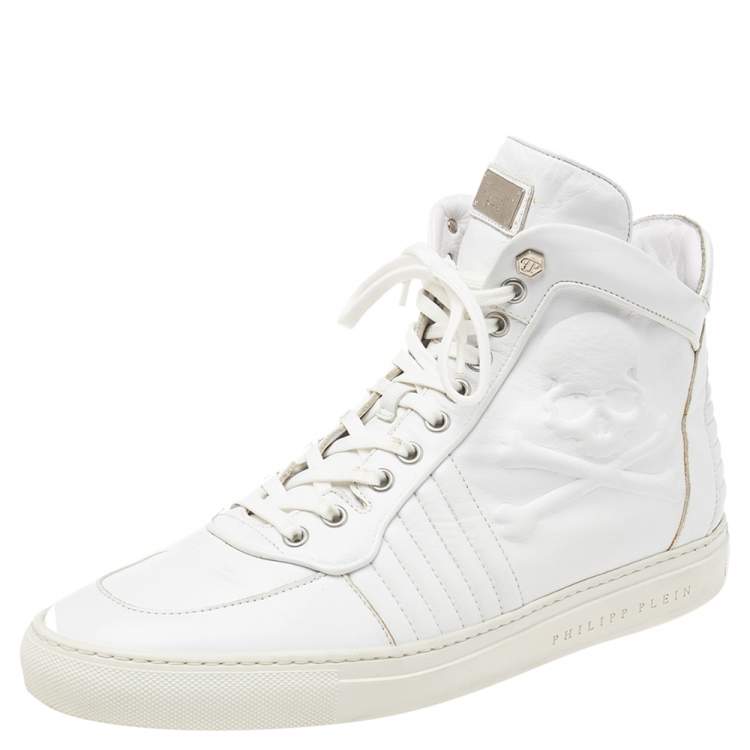 Pre Owned Philipp Plein White Leather Embossed Skull High-Top Sneakers Size 42