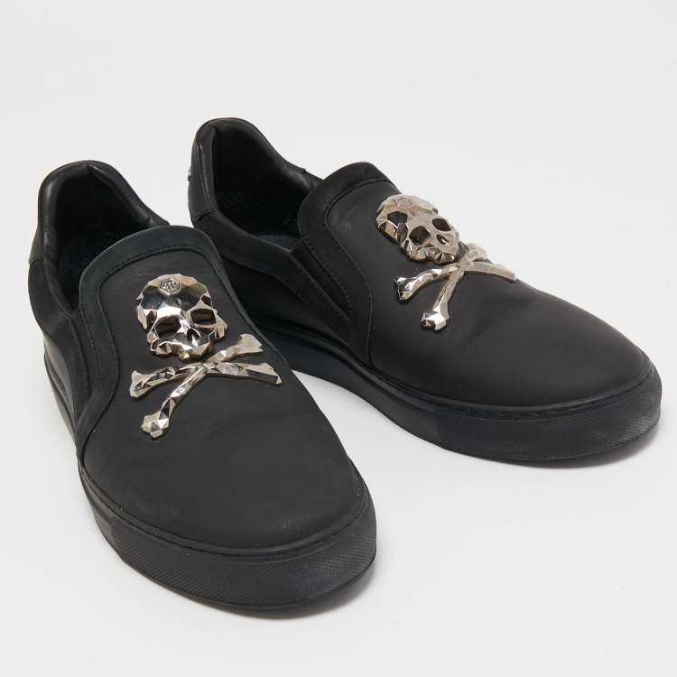 Pre Owned Philipp Plein Black Leather Skull Slip On Sneakers Size 41
