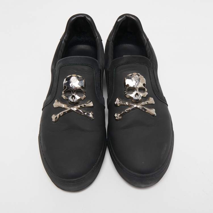 Pre Owned Philipp Plein Black Leather Skull Slip On Sneakers Size 41