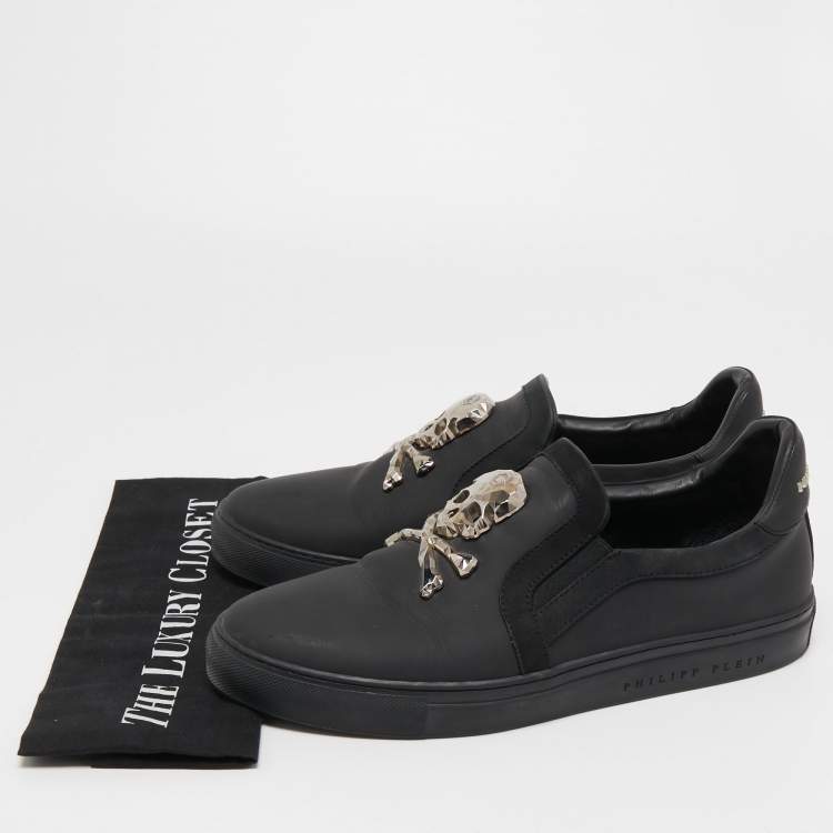 Pre Owned Philipp Plein Black Leather Skull Slip On Sneakers Size 41