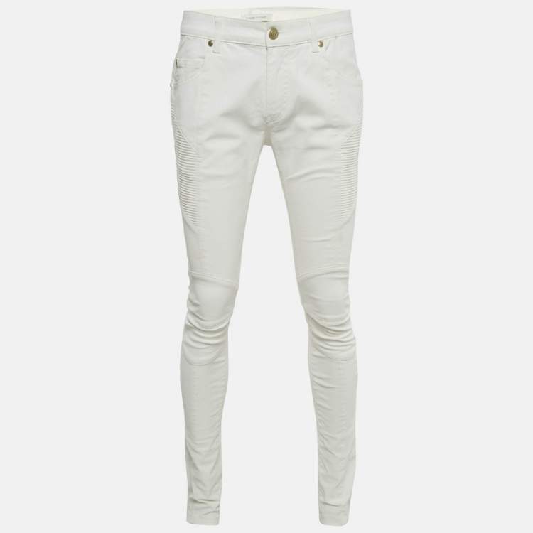 Pre Owned Pierre Balmain White Denim Applique Skinny Jeans L Waist 32"