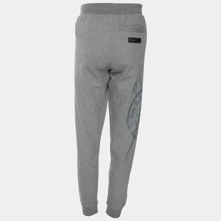 Pre Owned Plein Grey Jersey Logo Print Jogger Pants L