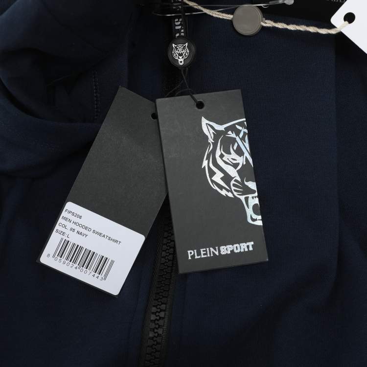Pre Owned Plein Sport Navy Blue Jersey Logo Hoodie Jacket L