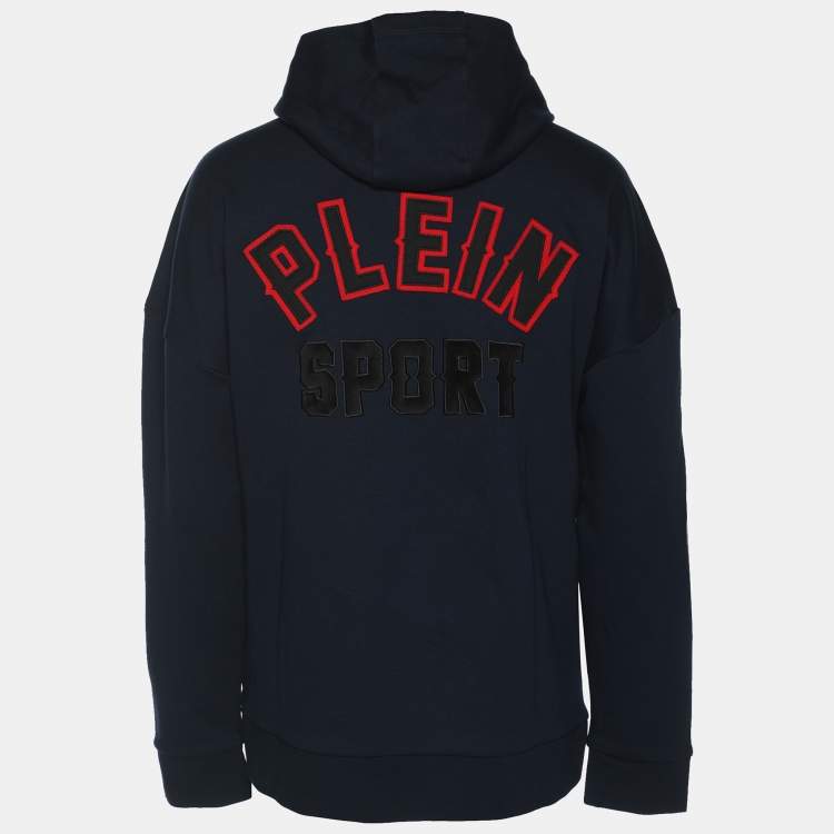 Pre Owned Plein Sport Navy Blue Jersey Logo Hoodie Jacket L