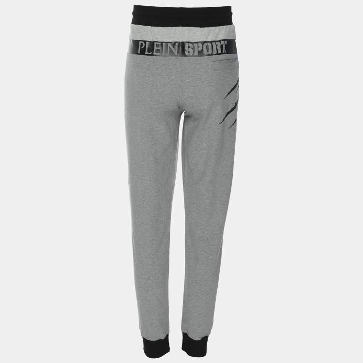 Pre Owned Plein Sport Grey/Black Jersey Logo Print Joggers XL