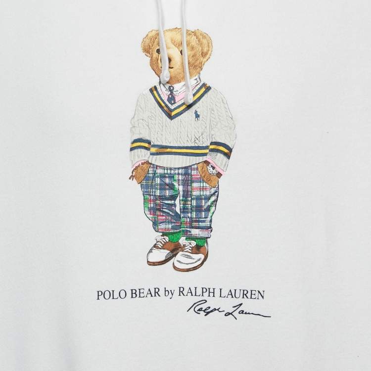 Pre Owned Polo Ralph Lauren White/Multicolor Bear Print Cotton Hoodie XL