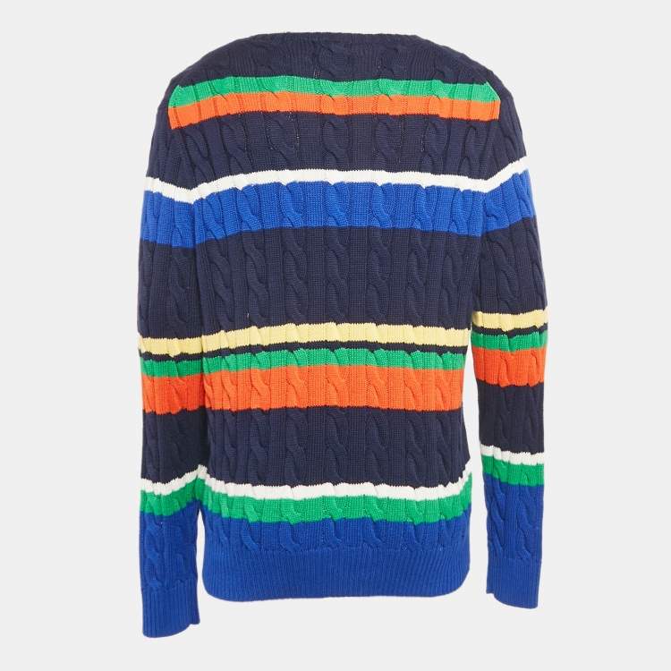 Pre Owned Polo Ralph Lauren Blue Striped Cable Knit Sweater L