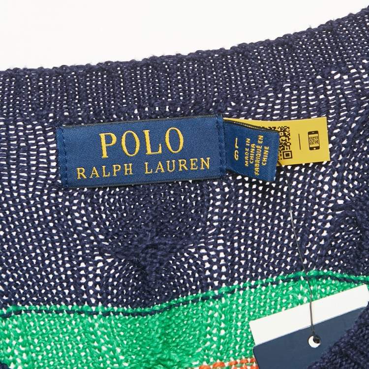 Pre Owned Polo Ralph Lauren Blue Striped Cable Knit Sweater L