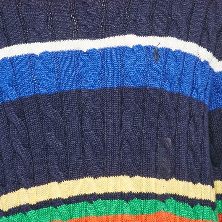 Pre Owned Polo Ralph Lauren Blue Striped Cable Knit Sweater L