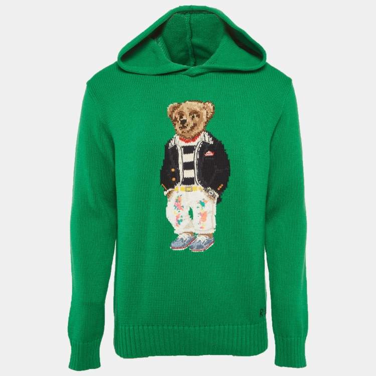 Pre Owned Polo Ralph Lauren Green Teddy Intarsia Rib Knit Hooded Sweater M