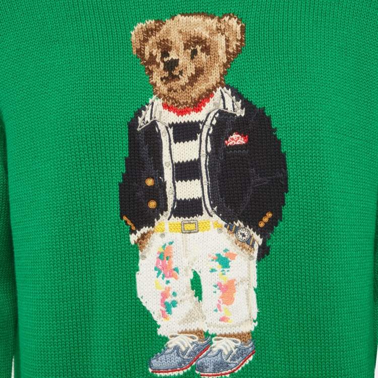 Pre Owned Polo Ralph Lauren Green Teddy Intarsia Rib Knit Hooded Sweater M