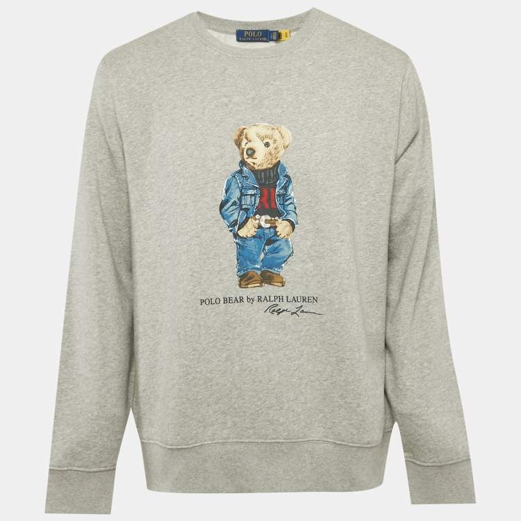 Pre Owned Polo Ralph Lauren Grey Teddy Print Cotton Crewneck Sweatshirt L