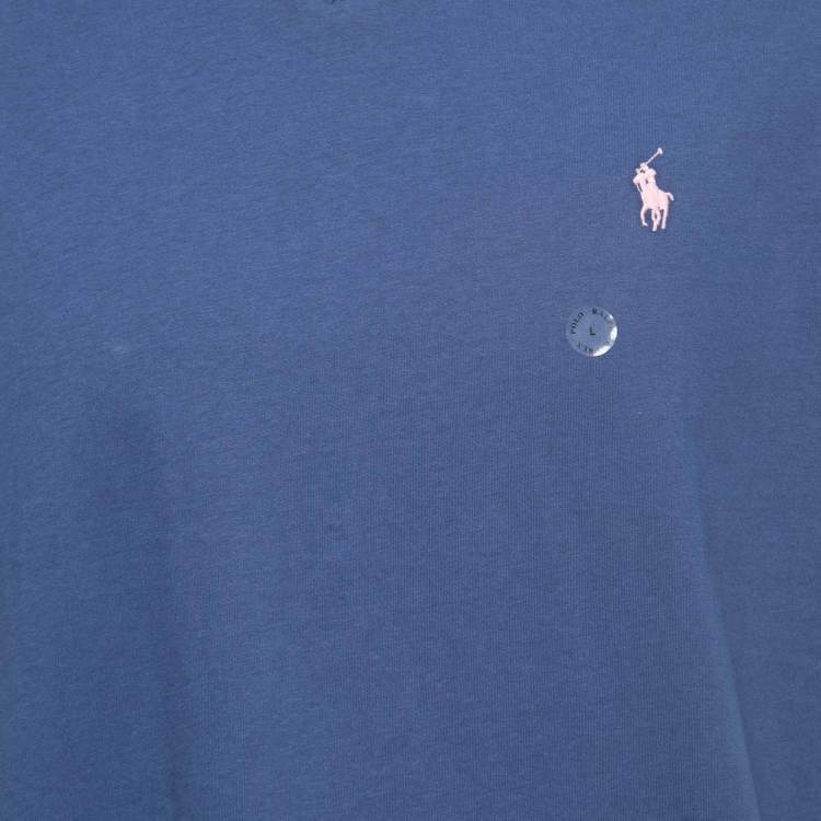 Pre Owned Polo Ralph Lauren Blue Cotton Classic Fit V-Neck T-Shirt L
