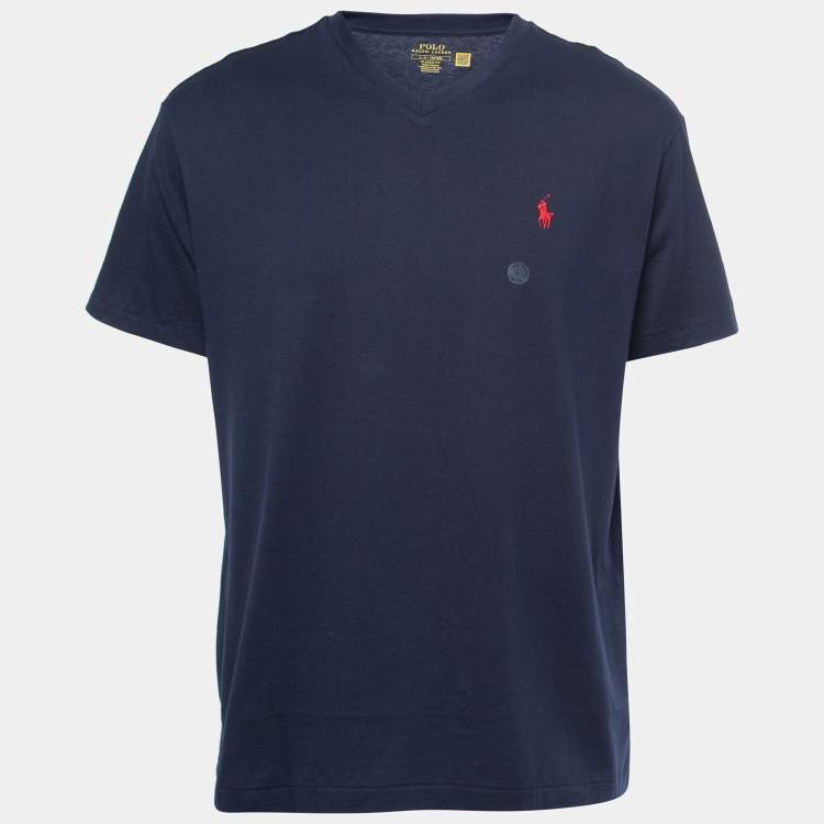 Pre Owned Polo Ralph Lauren Navy Blue Cotton Classic Fit V-Neck T-Shirt L