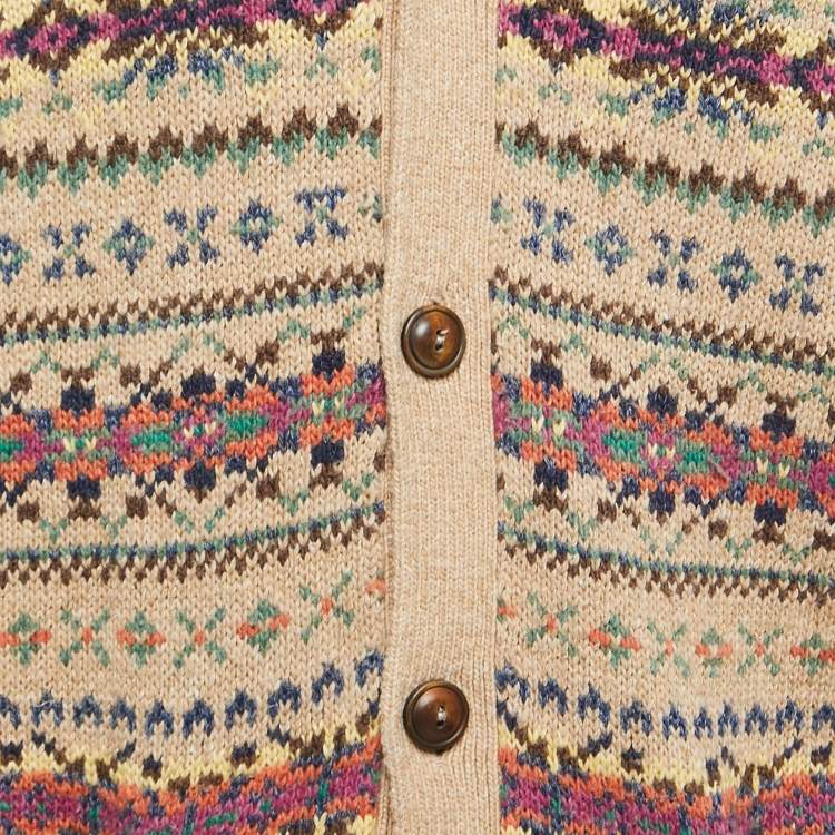 Pre Owned Polo Ralph Lauren Camel Fair Isle Knit Button Front Cardigan L